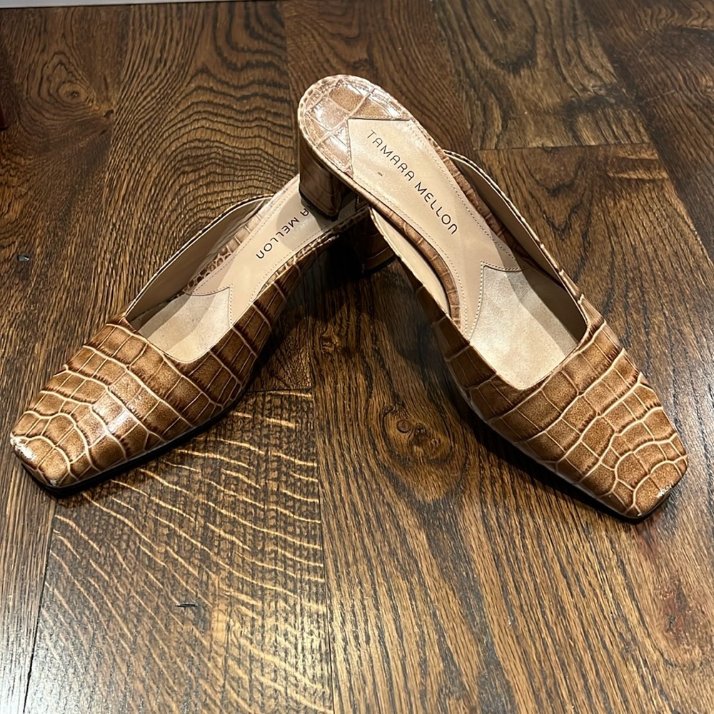 Tamara Mellon block heel saddle stamped croc tan slide